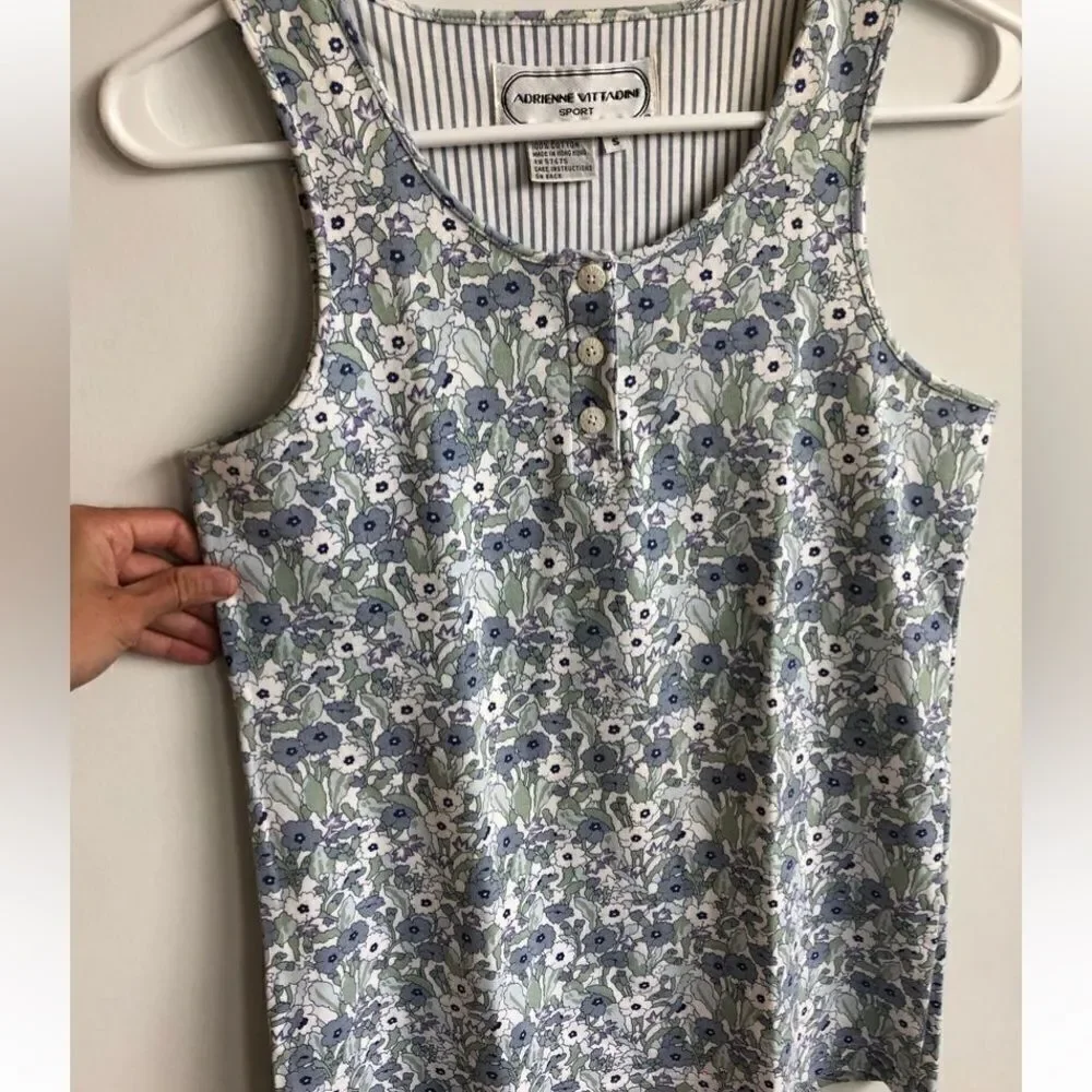 VTG Adrienne Vittadini Sport Floral Blue Button Down Tank Top Size S